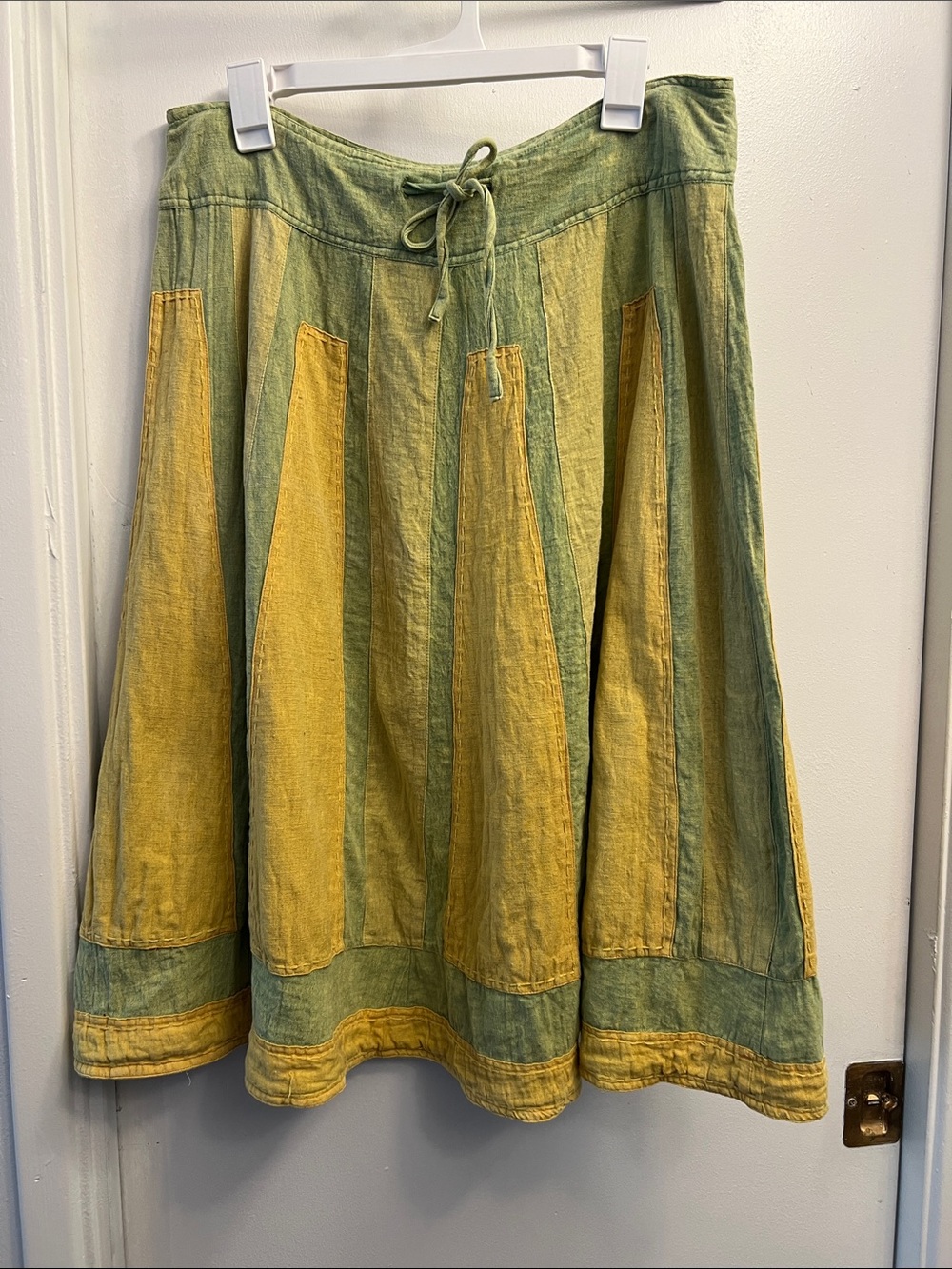 The Collection Royal Green & Yellow Panel A-Line Hemp/Cotton Skirt Size Large